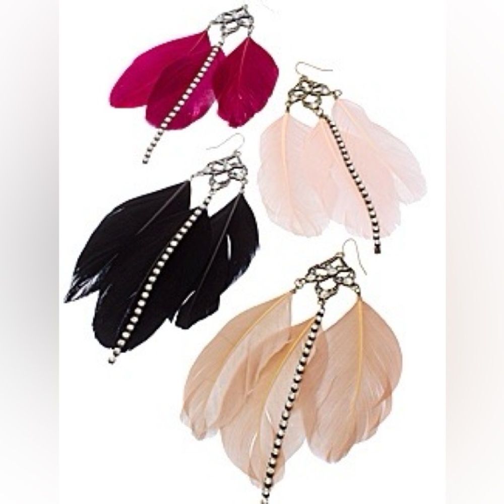 All The Rage Triple Feather Crystal Earrings​ Burgundy - NEW